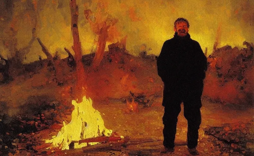 Image similar to high quality high detail painting by ilya repin, man standing in front of huge fire, hd