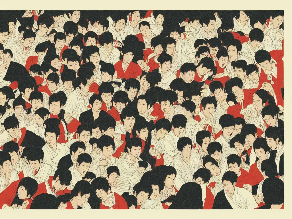 Image similar to Pile up of Korean men on the stairs, flat design, screen print by Kawase Hasui and jeffrey smith