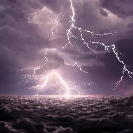 Image similar to A storm god, Lightning raining down from the backlit clouds, triumphant, glorious, HD, 4k, incredibly detailed, intricate, masterpiece,