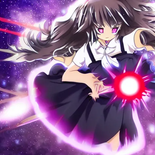 Image similar to touhou anime move epic battle scene, glowing light bullets, lasers