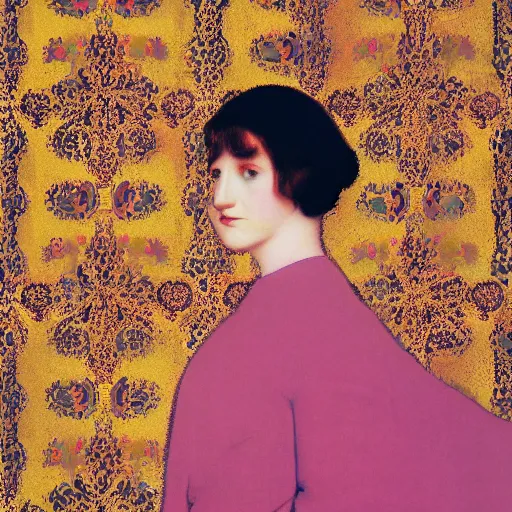 Image similar to a lonely girl in an empty room, colored daguerreotype, by Mackintosh, by Klimt, art noveau, Baroque wallpaper, dark allure, bright pastel colors,