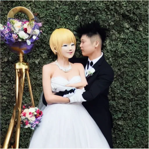 Image similar to saitama one punch man instagram couple's wedding photo shoot, closeup photo