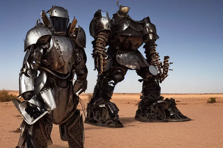 Image similar to photograph of a man in a very oversized mech armor that is 3 0 feet tall and 1 0 feet wide. his head is very small sticking out of the armor. desert setting. high detail.