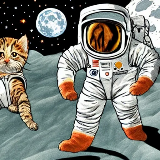 Prompt: pulp illustration of kittens in space suits on the moon