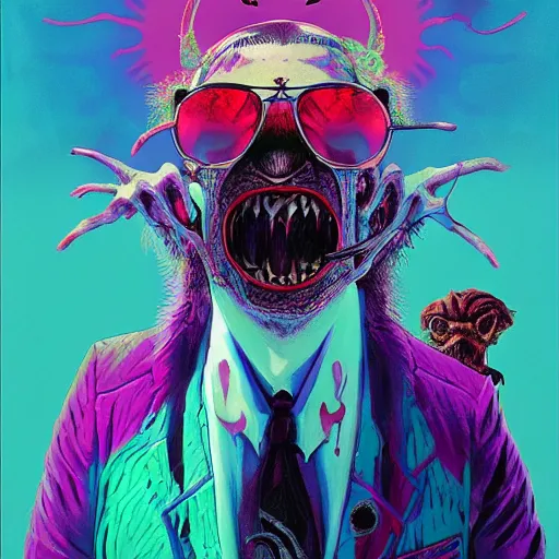 Image similar to Fear and Loathing Vampire in Wonderland, a psychedelic horror fantasy portrait by Wayne Barlowe and Beeple, vivid color, album cover,