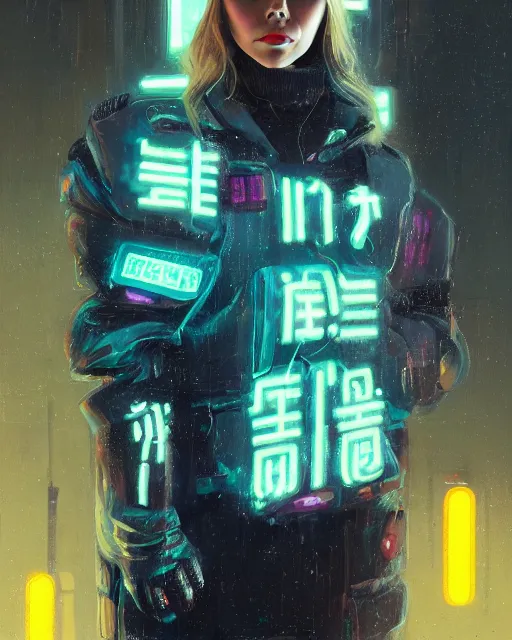 Prompt: detailed portrait of elizabeth olsen as a neon operator girl, cyberpunk futuristic, neon, reflective puffy coat, decorated with traditional japanese by ismail inceoglu dragan bibin hans thoma greg rutkowski alexandros pyromallis nekro rene margitte, illustrated, perfect face, fine details, realistic shaded, fine - face, pretty face