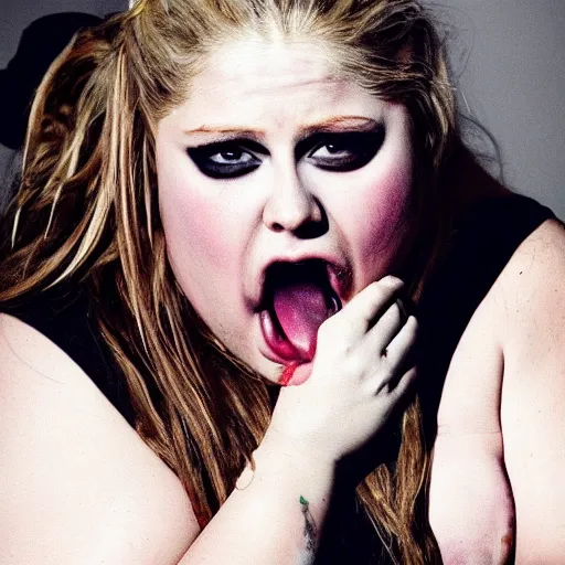 Image similar to morbidly obese avril lavigne crying in torn clothes