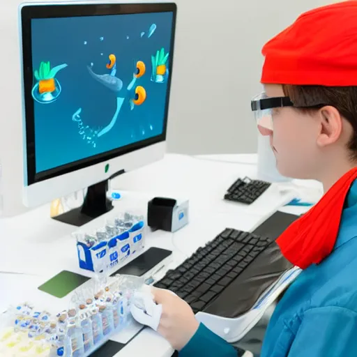 Image similar to A dolphin wearing a chemist outfit playing games on a computer