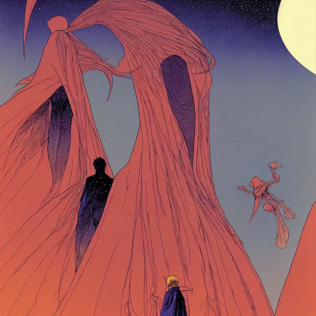 Prompt: centered portrait of illustration, a person with a short cloak traveling in a space ship, volumetric, birdman, awesome scheme, intrincate, art by jean giraud and moebius