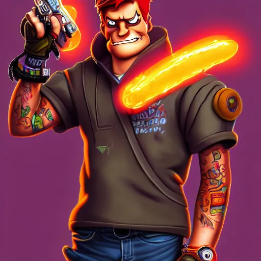 Image similar to fry from futurama, being a great, loveable guy, sci - fi, gritty, shadowrun splash art, art by artgerm, intricately detailed, highly detailed, trending on artstation, 4 k, wallpaper - 1 0 2 4