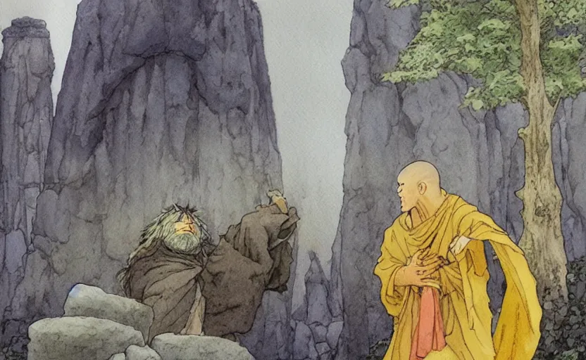 Prompt: a hyperrealist anime watercolor fantasy concept art of a giant monk with a grey robe and a small druid with a yellow robe in stonehenge on a misty night. several immense stones are floating in the air. by rebecca guay, michael kaluta, charles vess