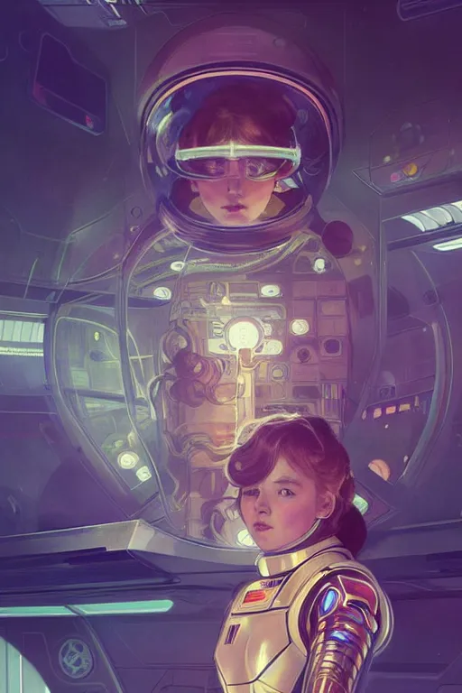 Image similar to portrait armored astronaut girl, inside spaceship command room viewing space and earth, ssci-fi, neon light effect and fantasy, intricate and very very beautiful and elegant, highly detailed, digital painting, artstation, concept art, smooth and sharp focus, illustration, art by tian zi and WLOP and alphonse mucha