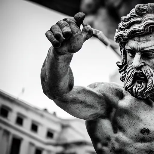 Prompt: statue of frustrated Poseidon very annoyed and complaining with wild gestures to the camera, Sigma 85mm f/1.4