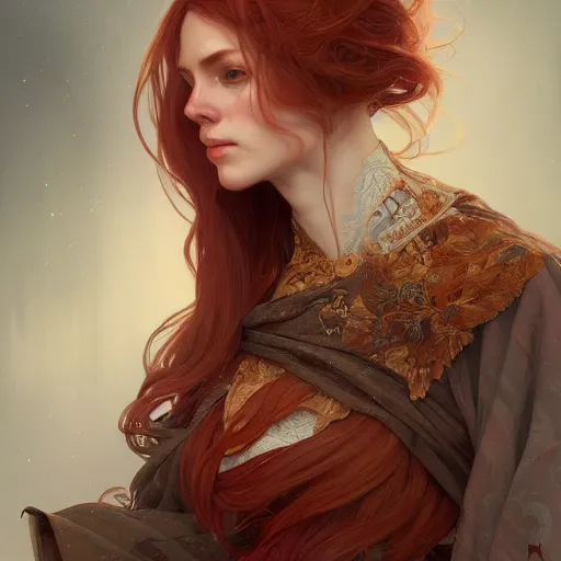Image similar to A full portrait of Nordic female, 30 years old, brown red long hair, intricate, elegant, highly detailed, digital painting, artstation, concept art, smooth, sharp focus, illustration, art by Krenz Cushart and Artem Demura and alphonse mucha