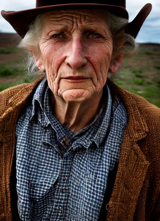 Prompt: closeup portrait of desperate dan (cowboy), old lady, zeiss lens, detailed, symmetrical, centered, fashion photoshoot, by Annie Leibovitz and Steve McCurry, David Lazar, Jimmy Nelsson, Breathtaking, 8k resolution, extremely detailed, beautiful, establishing shot, artistic, hyperrealistic, beautiful face, octane render