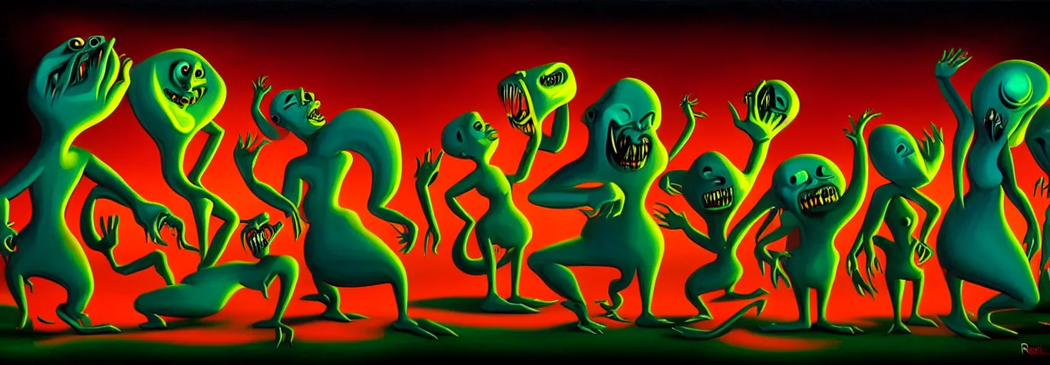 Image similar to visceral freaky monsters from the darkest depths of collective unconscious, dramatic glowing lighting, 1 9 3 0 s fleischer cartoon characters, wild emotional expressions - surreal painting by ronny khalil