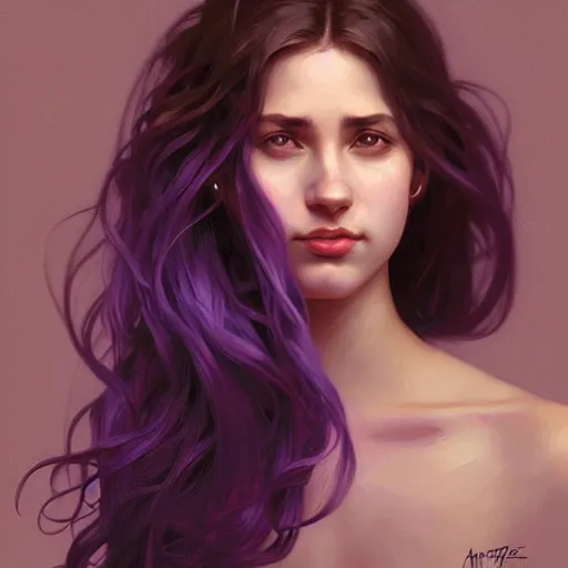 Image similar to portrait of a young girl, nose ring, upper body, purple hair, long hair, joyful smirk, intricate, smoking weed, elegant, highly detailed, digital painting, artstation, concept art, matte, sharp focus, illustration, art by artgerm and greg rutkowski and alphonse mucha