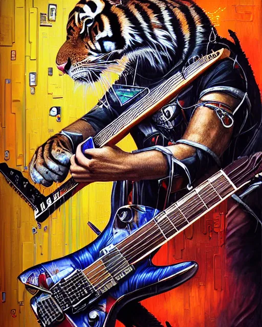 Image similar to a portrait of an anthropomorphic cyberpunk roaring tiger shredding an electric guitar as the guitar melts by sandra chevrier, by jon foster, detailed render, tape deck, epic composition, cybernetics, 4 k realistic, cryengine, realistic shaded lighting, sharp focus, masterpiece, by enki bilal