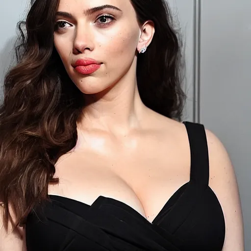 Image similar to a woman who is a genetic combination of kim kardashian and kat dennings and scarlett johansson and margot robbie and emma watson face and upper - body focus