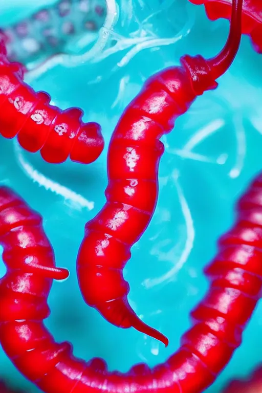 Image similar to high quality close-up photo translucent gelatinous worms! gorgeous red dots highly detailed hannah yata elson peter cinematic turquoise lighting high quality low angle hd 8k sharp shallow depth of field