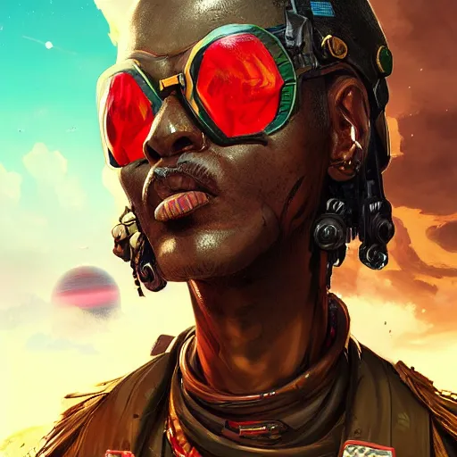 Image similar to a menacing somali space pirate with ruby eyes, Apex Legends character digital illustration portrait design, by android jones, detailed, cinematic lighting, wide angle action dynamic portrait