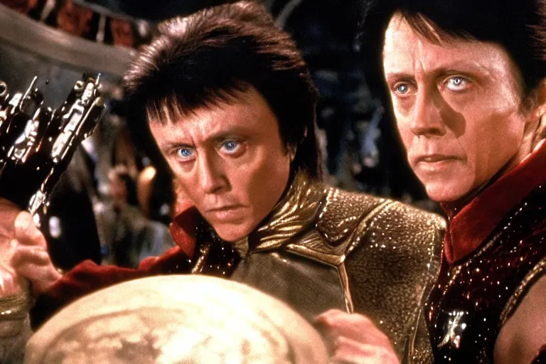 Prompt: film still of Christopher Walken as Khan Noonien Singh in The Wrath of Khan, 4k