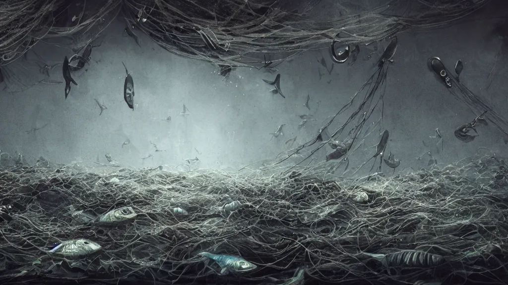 Prompt: Thousands of dead fish under water, fish hooks, seaweed, highly detailed, yuumei, Adam duff lucidpixul, natural lighting, dark atmosphere, digital painting, creepy and dark feelings, metal fishing hooks and nets everywhere, the background has a faded image of the earth