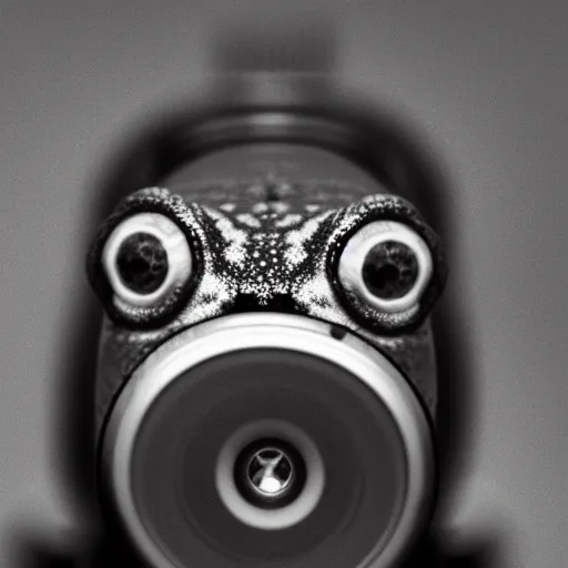 Prompt: cyborg frog with a camera lens as a head, front profile mugshot, monochromatic photo