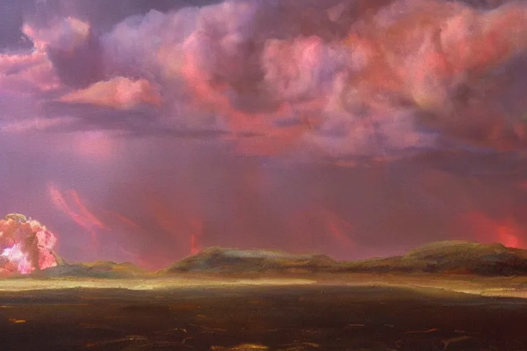 Prompt: molten iron raining down from pinkish clouds high above the atmosphere of planet, reddish landscape, realist painting