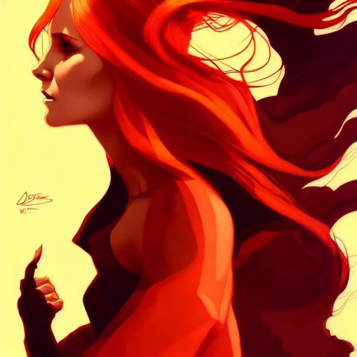 Prompt: style artgerm, joshua middleton, dean cornwell, beautiful kristen bell with dark red dress, very long orange hair, symmetrical face, symmetrical eyes, fire powers fire swirling, detailed, volcano setting, cinematic lighting