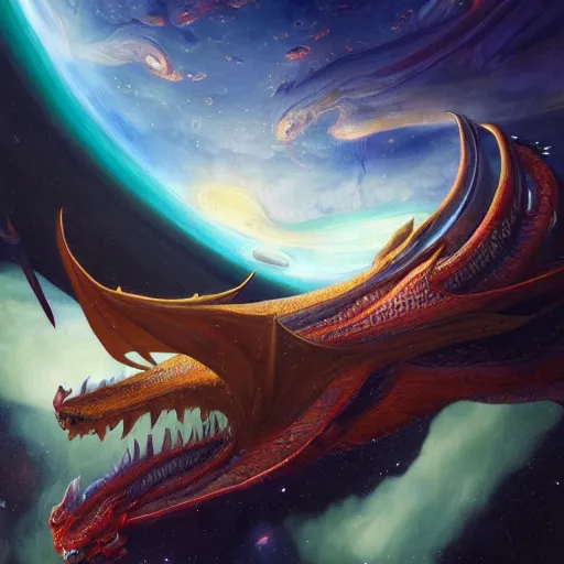 Prompt: Chrystalline blue dragon devouring a planet in space, sun system, nebula, oil painting, by Fernanda Suarez and Edgar Maxence and Greg Rutkowski