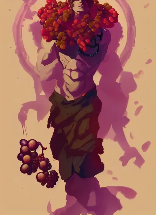 Prompt: Male Dionysus with wine and grapes, in the Style of Artgerm and Charlie Bowater and Atey Ghailan and Mike Mignola, vibrant colors and hard shadows and strong rim light, Comic Cover Art, plain background, trending on artstation