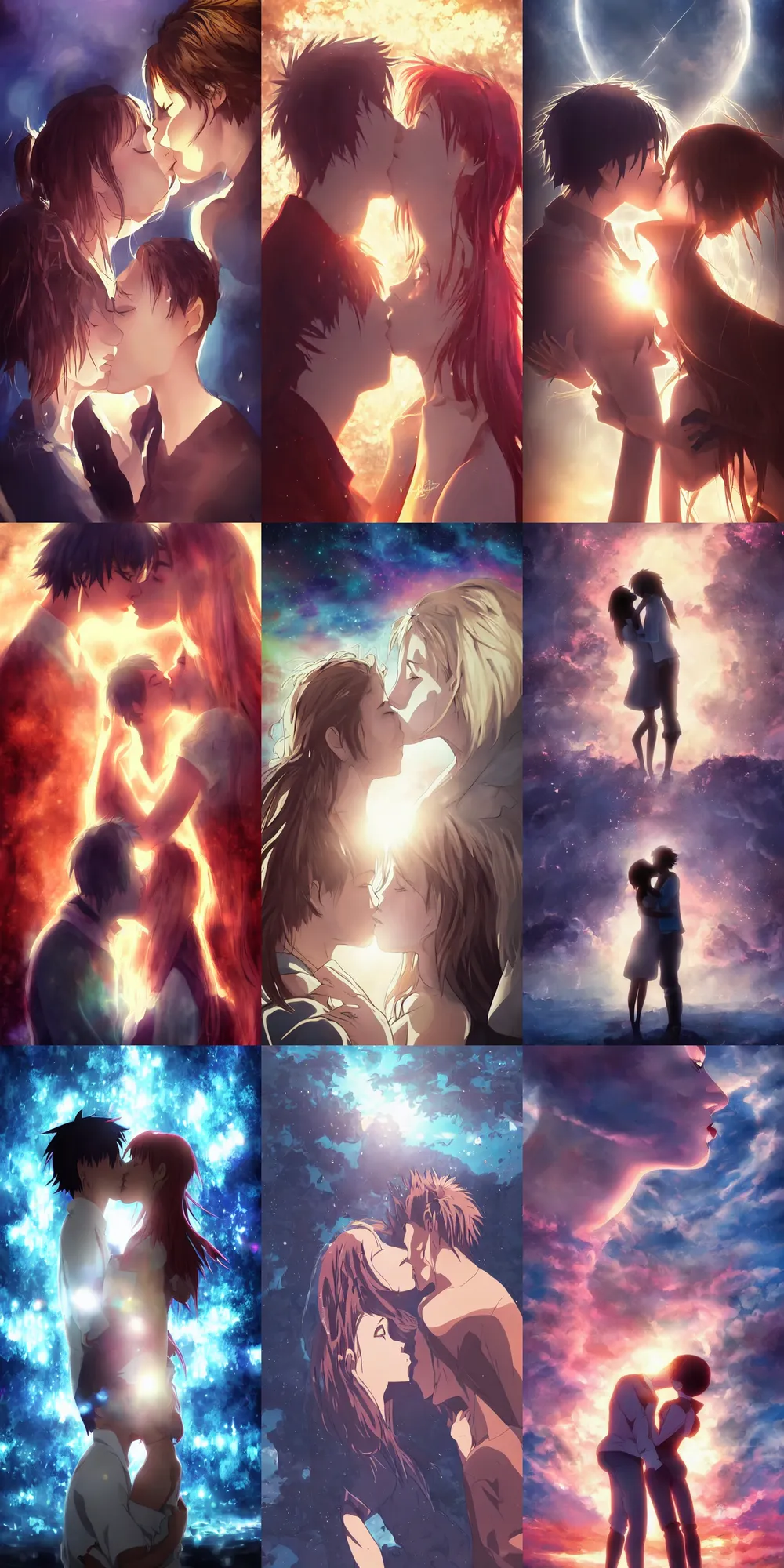Prompt: a couple kissing before end of time, anime movie poster, toon, soft lighting, epic scene