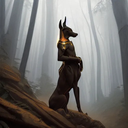 Image similar to long shot photo of anubis in the foggy forest, foggy bottom, highly detailed, digital painting, artstation, smooth, sharp focus, illustration, art by artgerm and greg rutkowski and alphonse mucha