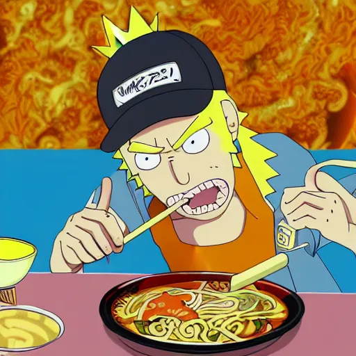 Image similar to naruto uzumaki eating ramen in the artstyle of Rick and Morty, hyperdetailed, artstation, digital art, photorealism, accurate, 8k,