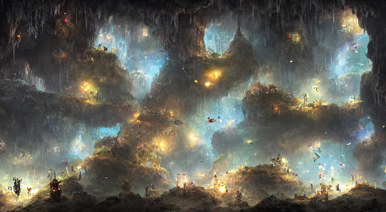 Image similar to a gloomy cave filled with giant hamsters and fireflies, mysterious, large scale, breathtaking, mixed media, digital art, trending on artstation, 8k, epic composition, highly detailed, AAA graphics