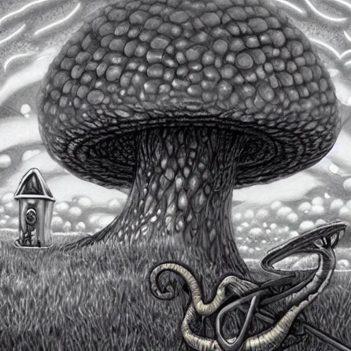 Image similar to A centered chest up portrait of a psychedelic demonic anthropomorphic snake smoking a hand-rolled cigarette smoking heavily , magic mushroom village in background , award winning. superb resolution. in the art style of junji Ito and greg rutkowski . Detailed Mushroom city in background. Hyper realistic anime. Perfect art. Dalle2