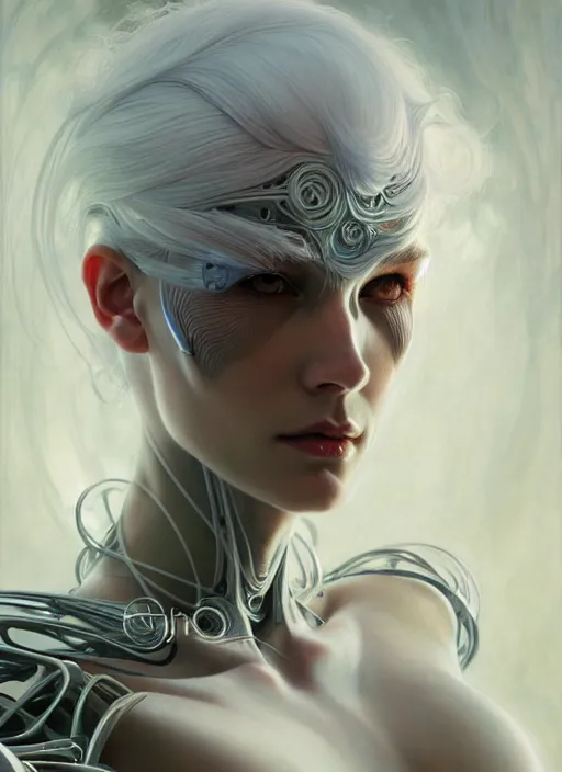 Image similar to organic cyborg, white hair, diffuse lighting, fantasy, intricate, elegant, highly detailed, lifelike, photorealistic, digital painting, artstation, illustration, concept art, smooth, sharp focus, art by John Collier and Albert Aublet and Krenz Cushart and Artem Demura and Alphonse Mucha