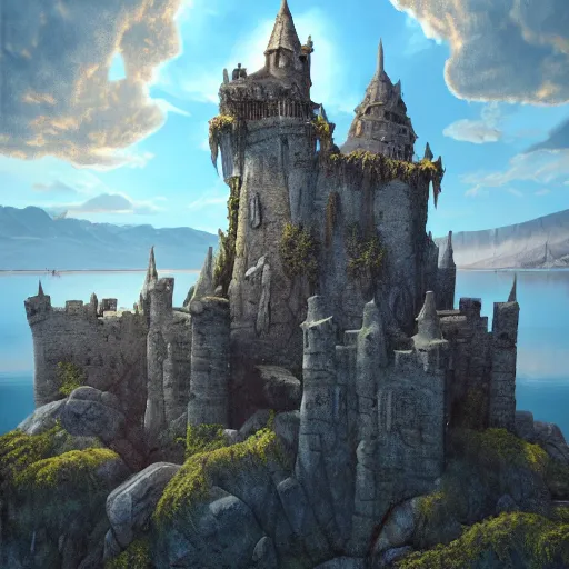 Prompt: a photorealistic painting of an old stone Castle in the sky, Zbrush, a detailed painting by Ansel Adams, vampire bats, lake, Luminescent, Bismuth, Daz 3D, behance contest winner, fantasy art, matte painting, matte drawing, storybook illustration