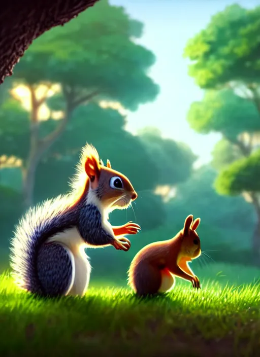 Image similar to a wholesome animation key shot of a cute squirrel, close - up, tree in the background, leaves in the foreground, studio ghibli, pixar and disney animation, sharp, rendered in unreal engine 5, anime key art by greg rutkowski, bloom, dramatic lighting