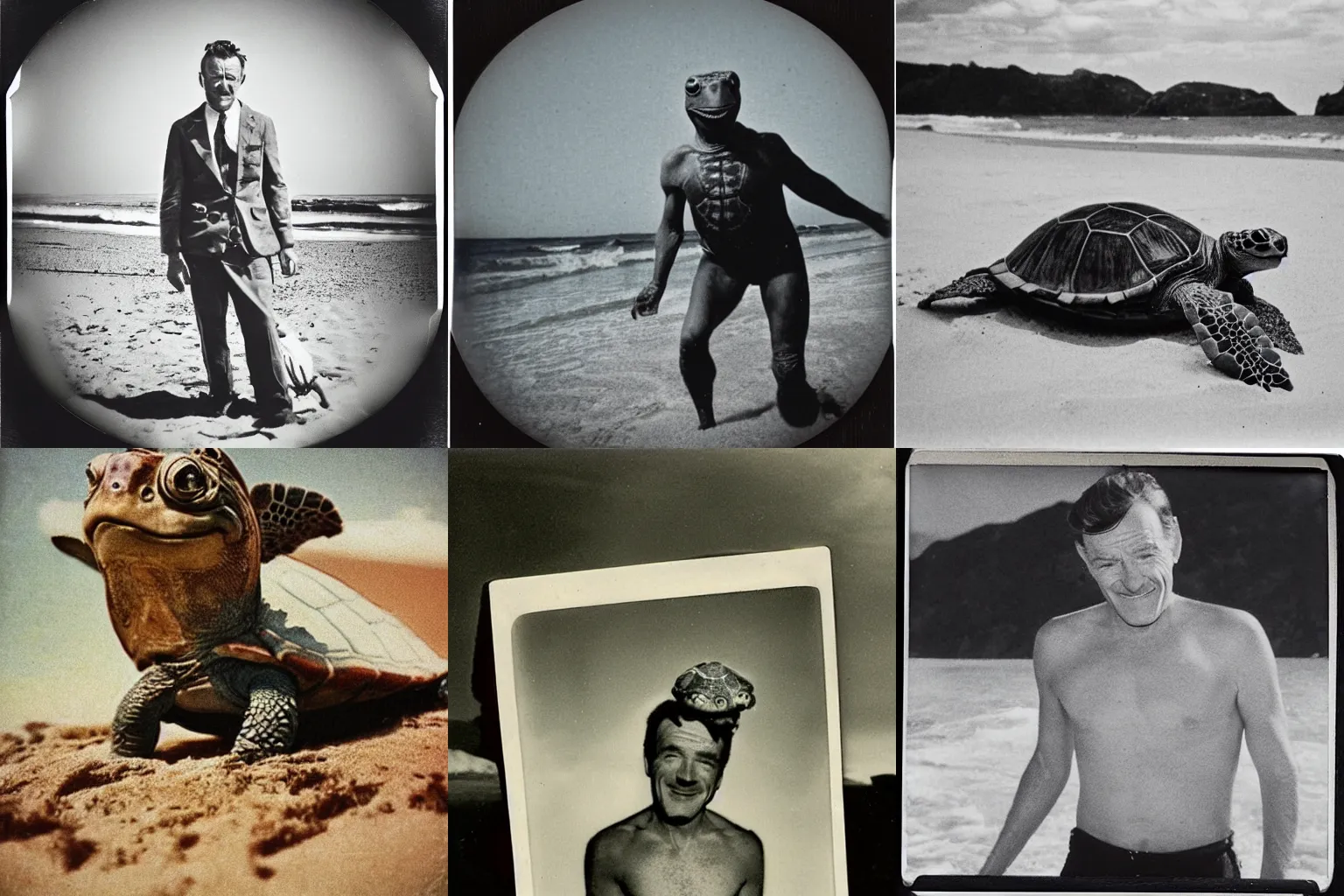 Prompt: cursed 1950s polaroid photo of Bryan Cranston as a turtle on a beach