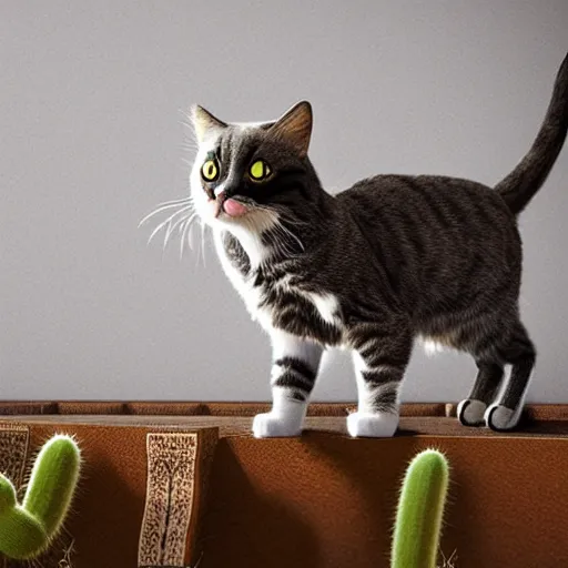 Image similar to A cat with a cactus, hyperrealistic 8K atmospheric render, very detailed