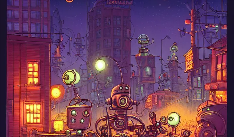 Image similar to fantasycore street view of 1950s machinarium cityscape at night by michael whelan and naomi okubo and dan mumford. cute 1950s robots. cel-shaded. glossy painting.