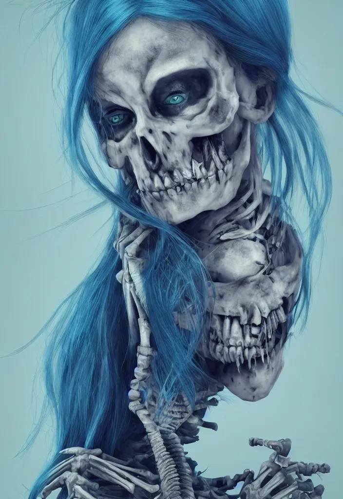 Image similar to portrait of female alt model with blue hair as a skeleton. intricate abstract. intricate artwork. nightmare fuel. by Tooth Wu, wlop, beeple, dan mumford. octane render, trending on artstation, greg rutkowski very coherent symmetrical artwork. cinematic, hyper realism, high detail, octane render, 8k, iridescent accents