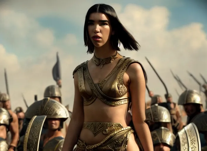 Image similar to film still of dua lipa as leonidas in 3 0 0 movie, 8 k