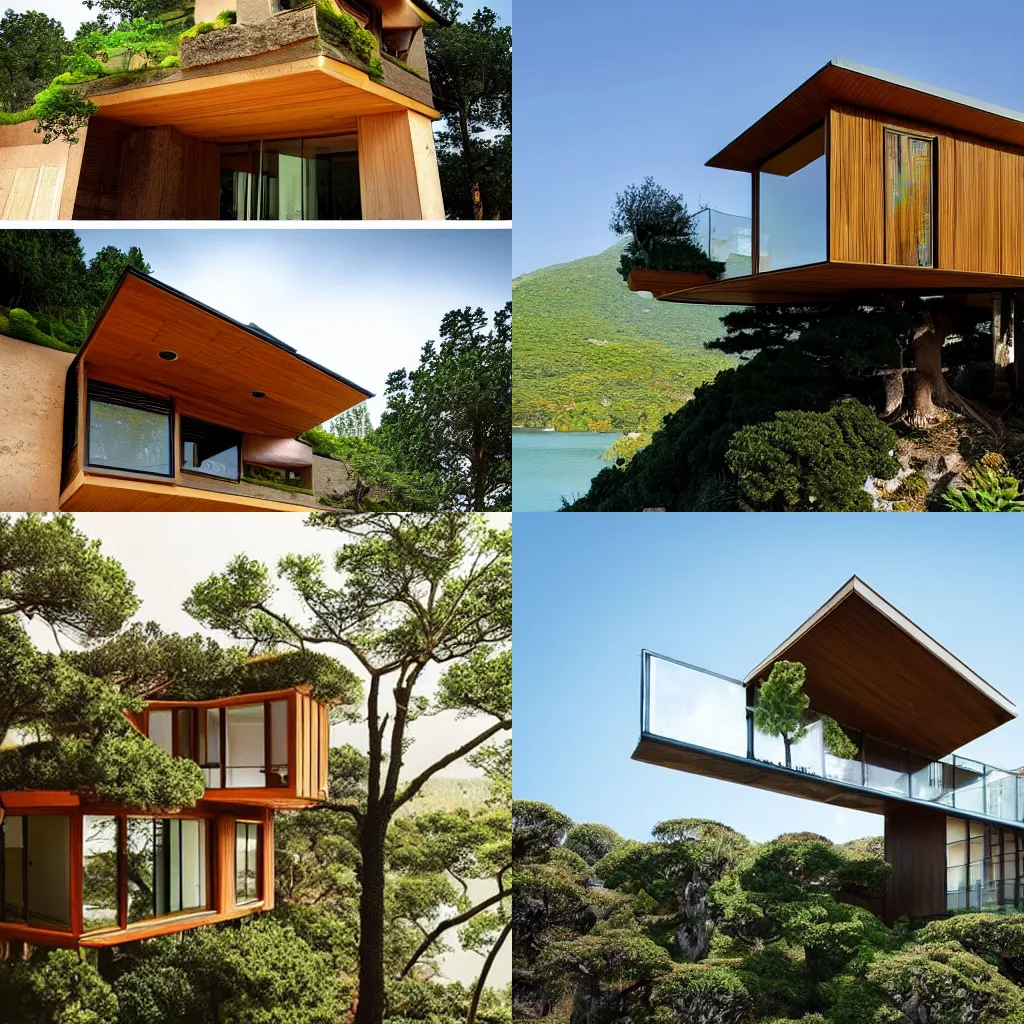 Prompt: Modern house made of tree, big windows, bonsai tree on roof, on a cliff