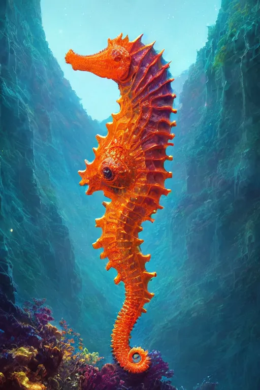 Image similar to highly detailed portrait of rainbow seahorse, stephen bliss, unreal engine, fantasy art by greg rutkowski, rhads, ferdinand knab, makoto shinkai and lois van baarle, ilya kuvshinov, rossdraws, tom bagshaw, global illumination, radiant light, yellow blue theme, coral reef