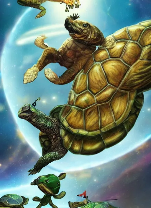 Prompt: hyper realistic photography space lion riding a turtle in space destroying an army of insectiods comic cover artstation