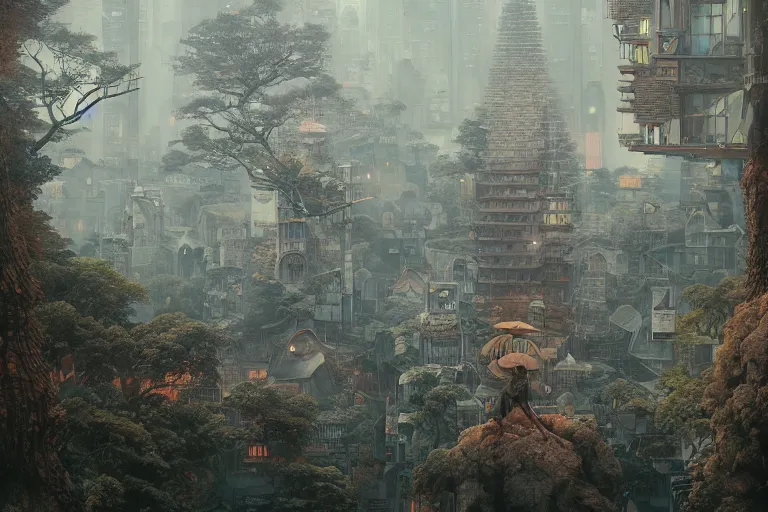 Image similar to hidden feudal japanese city, metropolis, magical, dramatic lighting, painted by tom bagshaw, James Jean and Wayne Barlowe and moebius, high details , cinematic, denoised, octane render, lush forest, cgsociety, artstation trending 8k