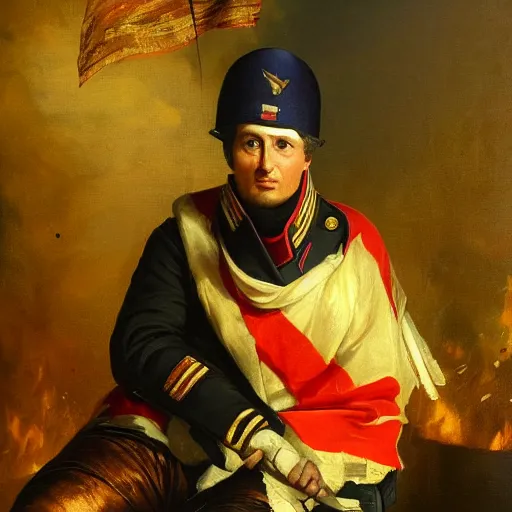 Image similar to an oil painting of Volodymyr Zelensky at war, dressed like Napoleon Bonaparte, his clothes are torn and dirty, he is sitting between corpses and weeping, holding a burnt flag of Ukraine, hyper realistic, hyper detailed, sharp focus, depth of field, High definition, 8k, by Benjamin West
